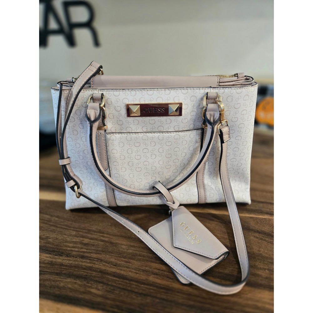 Guess Blush Pink Monogram Logo Satchel Handbag with Detachable Coin Purse